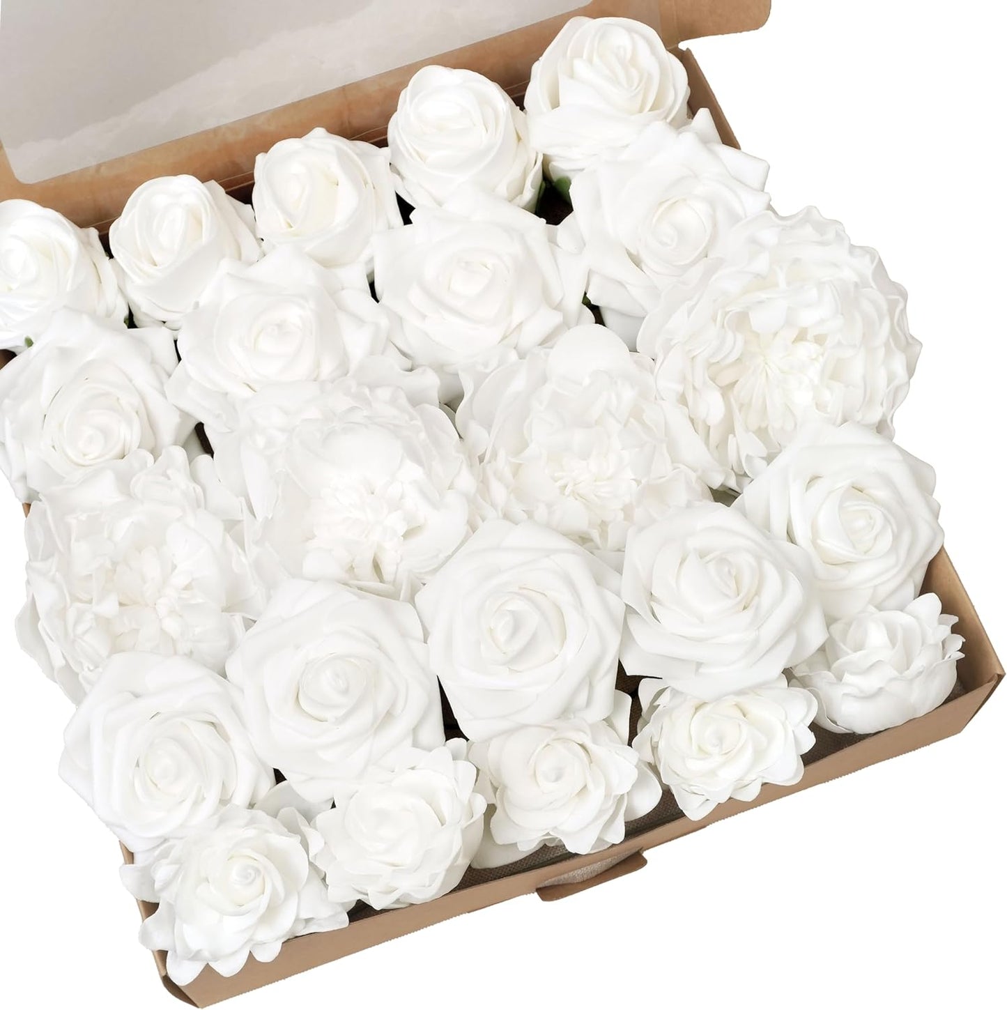 23pcs White Artificial Flowers Combo Box - Lifelike Premium Foam Peonies, Roses & Gardenias with Stems - DIY Wedding Bouquets, Centerpieces, Bridal Shower Decor & Bulk Fake Flowers