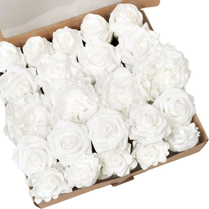 23pcs White Artificial Flowers Combo Box - Lifelike Premium Foam Peonies, Roses & Gardenias with Stems - DIY Wedding Bouquets, Centerpieces, Bridal Shower Decor & Bulk Fake Flowers