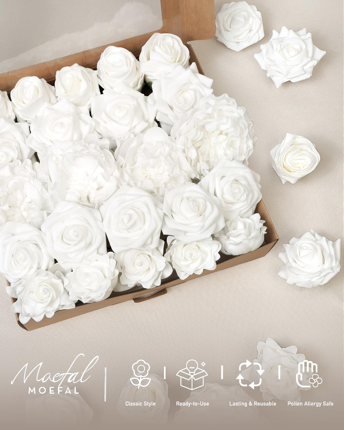 23pcs White Artificial Flowers Combo Box - Lifelike Premium Foam Peonies, Roses & Gardenias with Stems - DIY Wedding Bouquets, Centerpieces, Bridal Shower Decor & Bulk Fake Flowers
