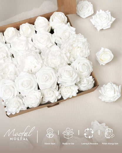23pcs White Artificial Flowers Combo Box - Lifelike Premium Foam Peonies, Roses & Gardenias with Stems - DIY Wedding Bouquets, Centerpieces, Bridal Shower Decor & Bulk Fake Flowers