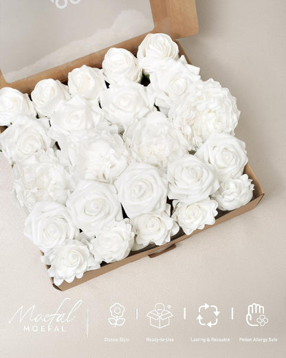 23pcs White Artificial Flowers Combo Box - Lifelike Premium Foam Peonies, Roses & Gardenias with Stems - DIY Wedding Bouquets, Centerpieces, Bridal Shower Decor & Bulk Fake Flowers