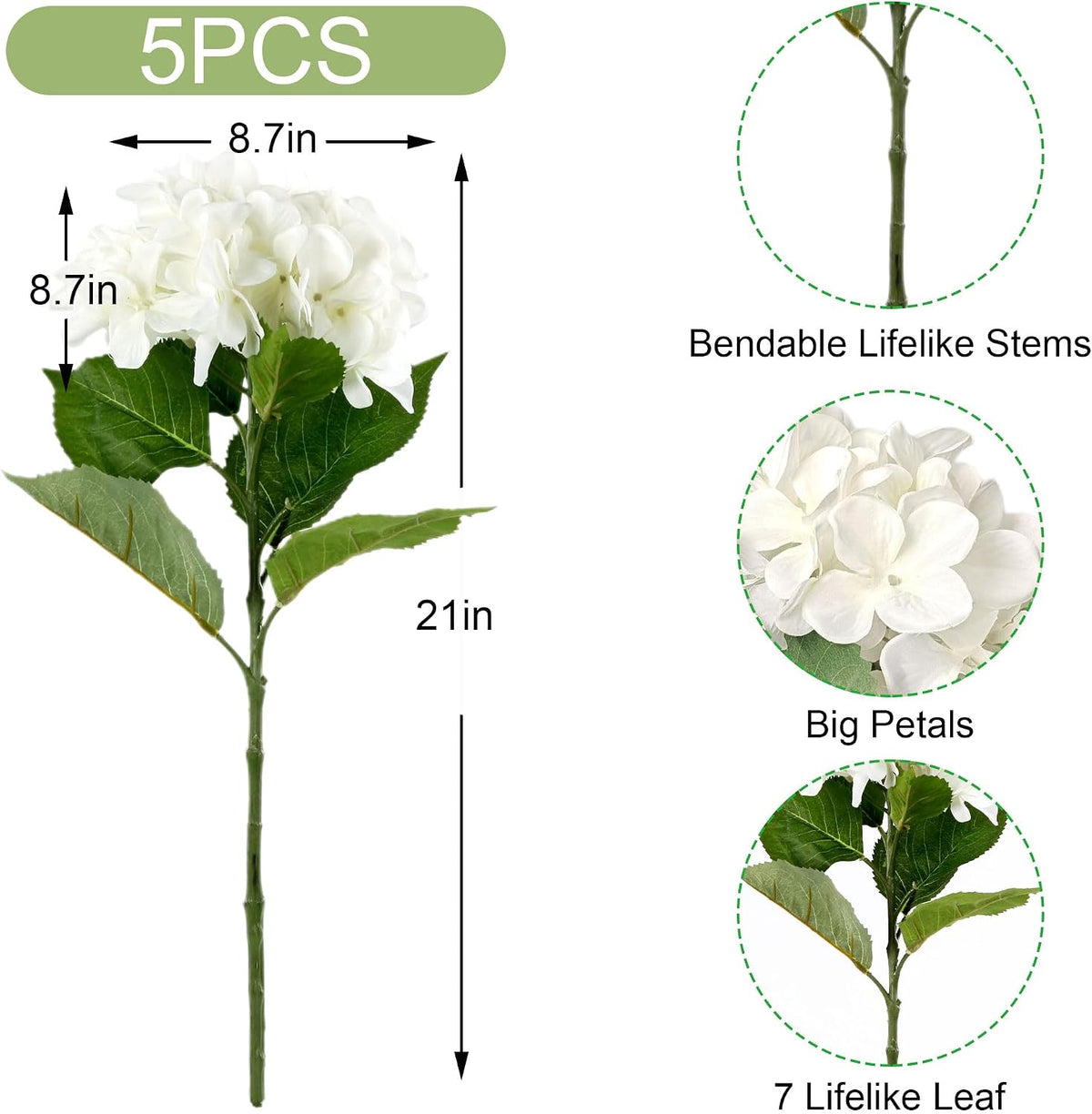 5 Pcs White Hydrangea Artificial Flowers, 21'' Faux Hydrangea with Stems