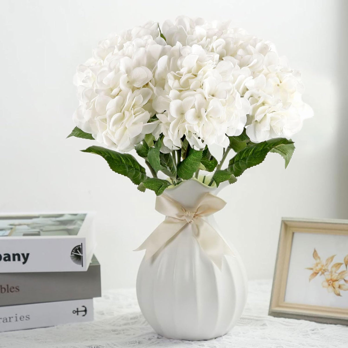 5 Pcs White Hydrangea Artificial Flowers, 21'' Faux Hydrangea with Stems