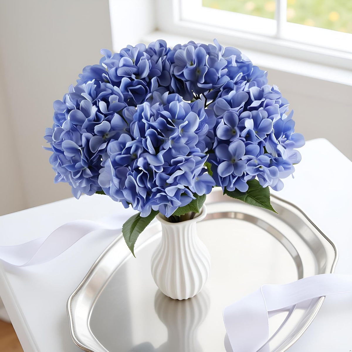 5 Pcs White Hydrangea Artificial Flowers, 21'' Faux Hydrangea with Stems