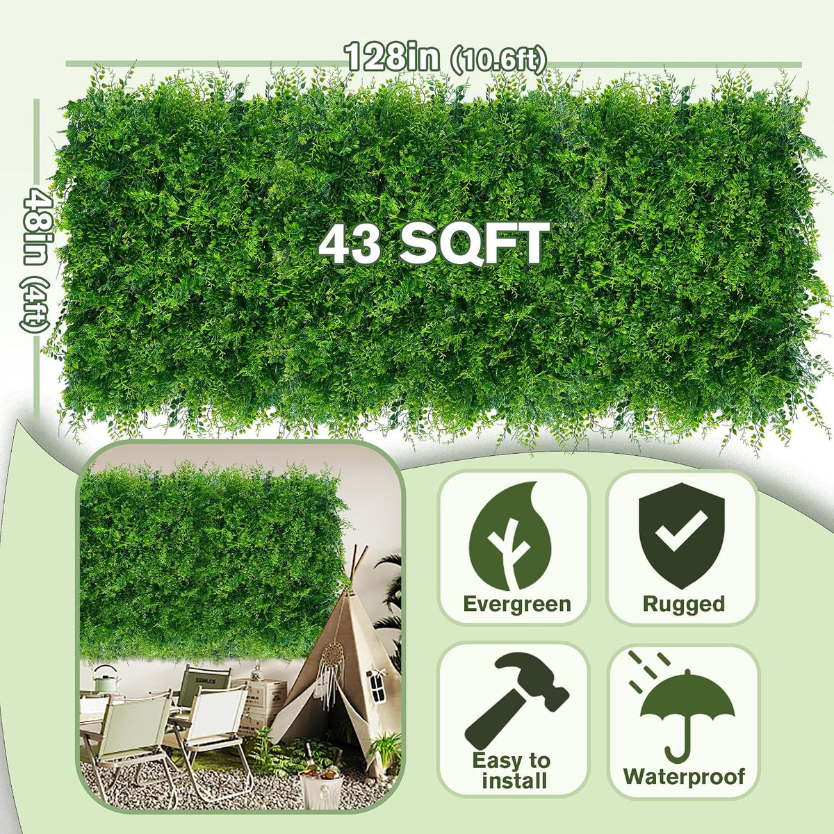 60"x128" (53.5 Sqft), Artificial Ivy Vine Privacy Fence Screen Roll