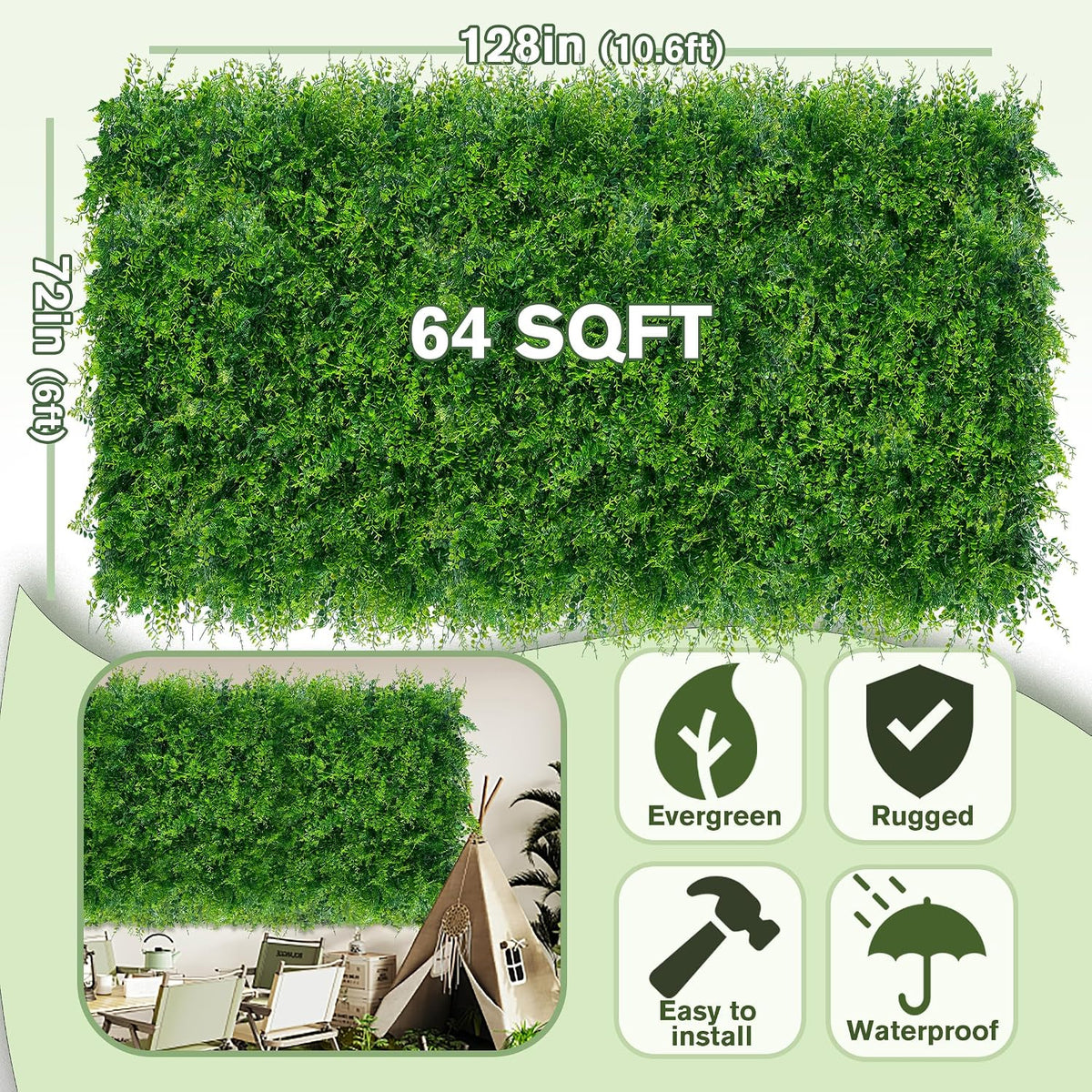 60"x128" (53.5 Sqft), Artificial Ivy Vine Privacy Fence Screen Roll