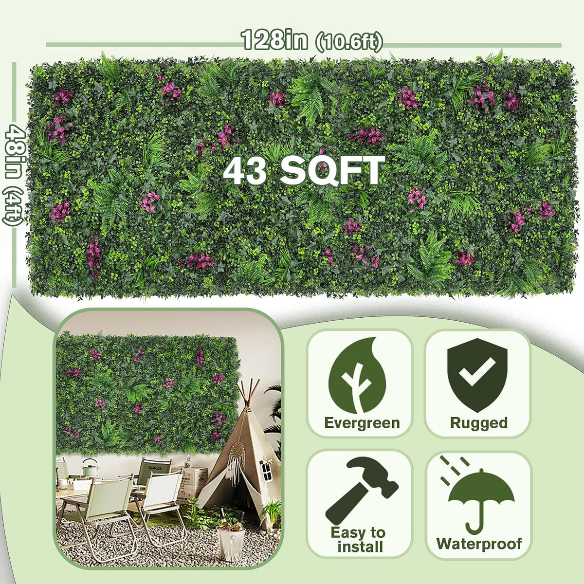 60"x128" (53.5 Sqft), Artificial Ivy Vine Privacy Fence Screen Roll