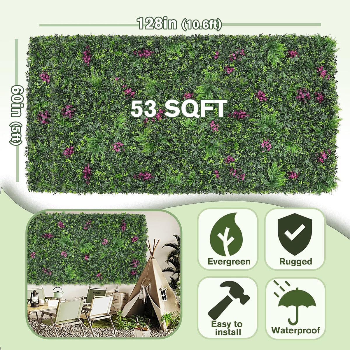 60"x128" (53.5 Sqft), Artificial Ivy Vine Privacy Fence Screen Roll