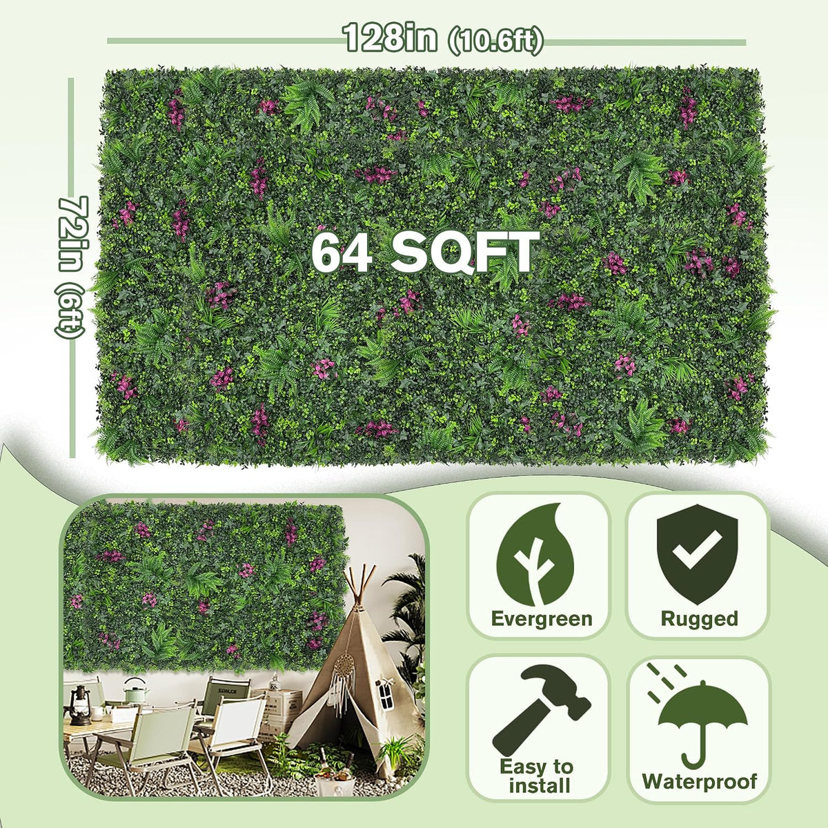60"x128" (53.5 Sqft), Artificial Ivy Vine Privacy Fence Screen Roll