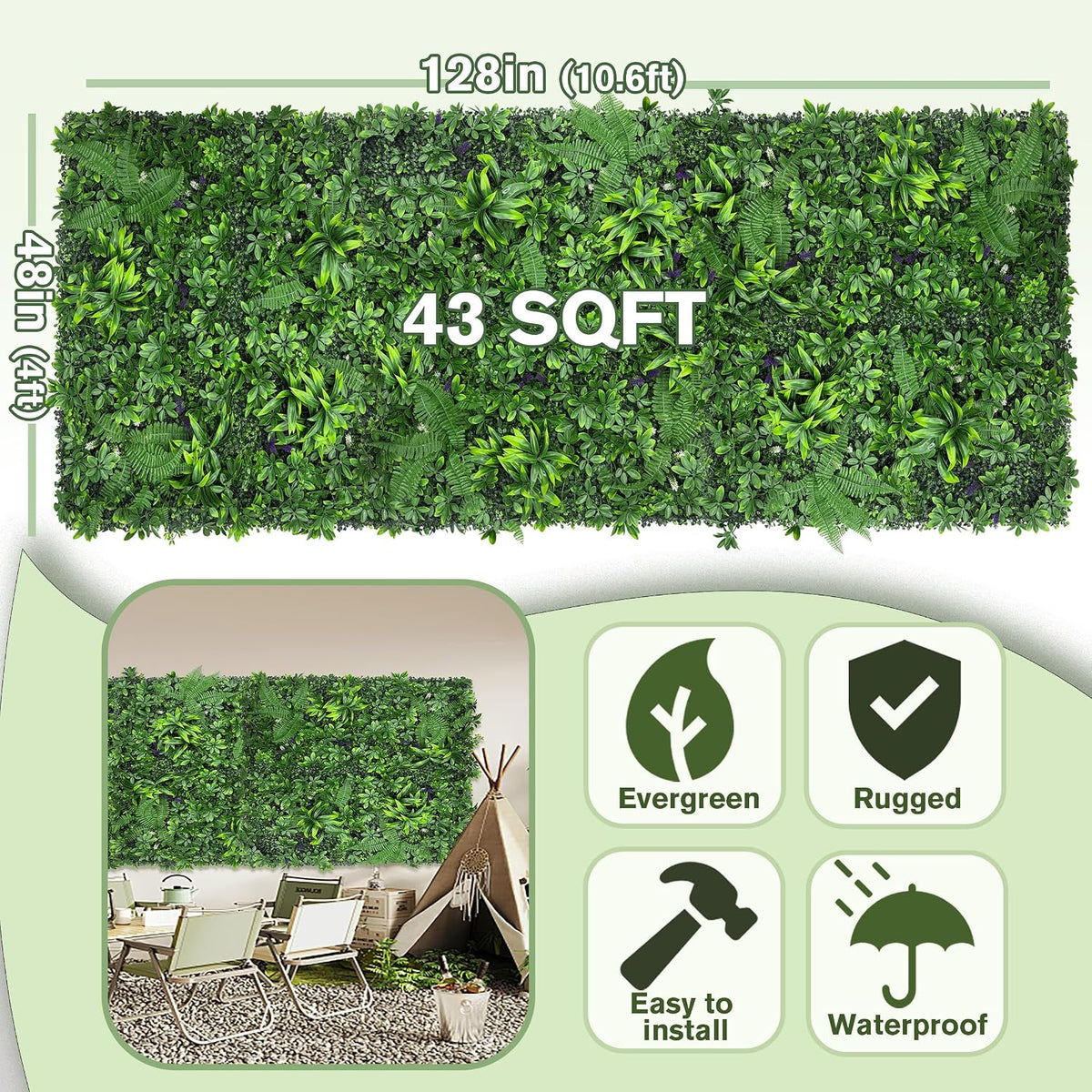 60"x128" (53.5 Sqft), Artificial Ivy Vine Privacy Fence Screen Roll
