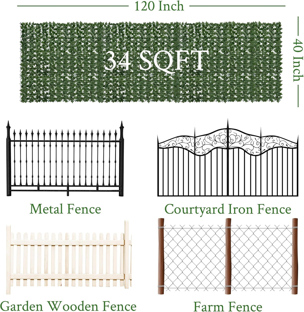 60"x128" (53.5 Sqft), Artificial Ivy Vine Privacy Fence Screen Roll