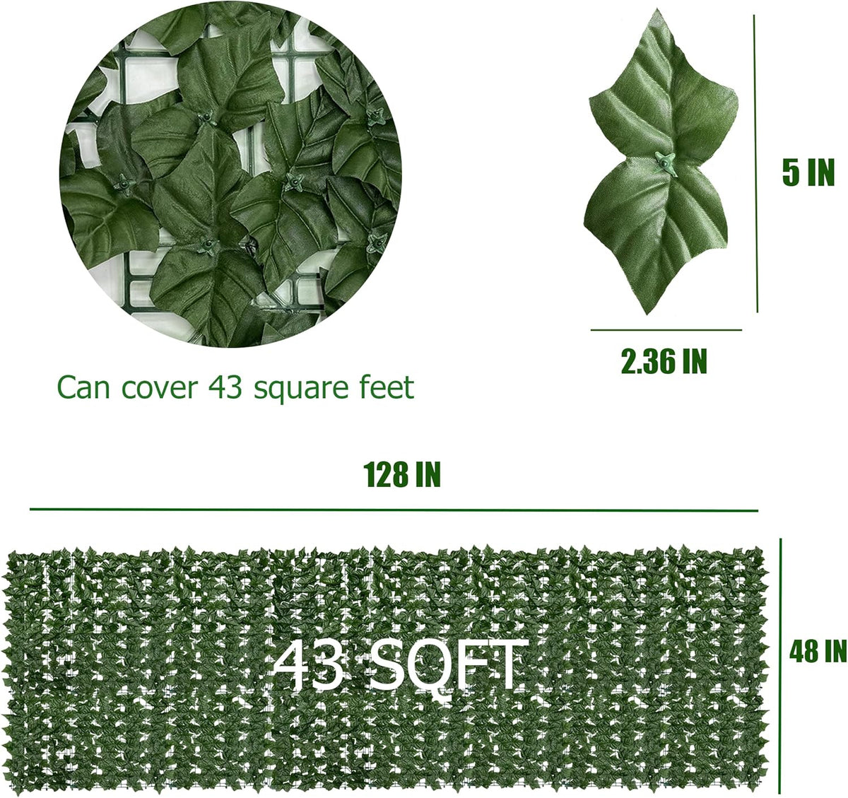 60"x128" (53.5 Sqft), Artificial Ivy Vine Privacy Fence Screen Roll