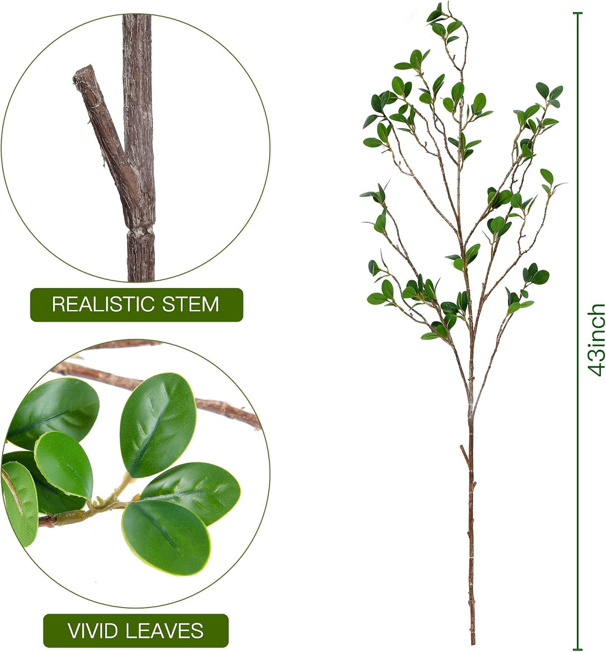 43’’ Artificial Ficus Branches Faux Leaf Spray Green Eucalyptus Branches Artificial Greenery Stems Fake Ficus Twig Plants for Home Office Wedding Vase Filler Shop Decoration