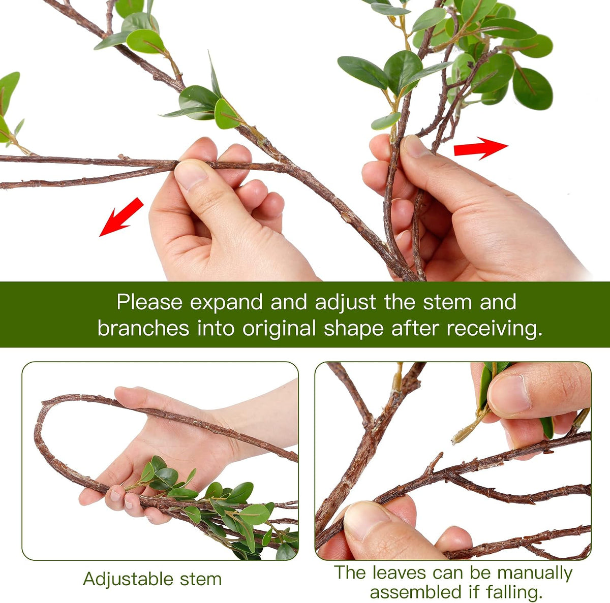 43’’ Artificial Ficus Branches Faux Leaf Spray Green Eucalyptus Branches Artificial Greenery Stems Fake Ficus Twig Plants for Home Office Wedding Vase Filler Shop Decoration
