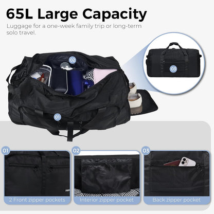 65L Duffle Bag Foldable Travel Duffel Bags for Men Women Travel Bag | Shoes Compartment, 65L Large Capacity, Foldable, Packable, Water Repellent, Tear Resistant, for Traveling Gym Overnight Camp