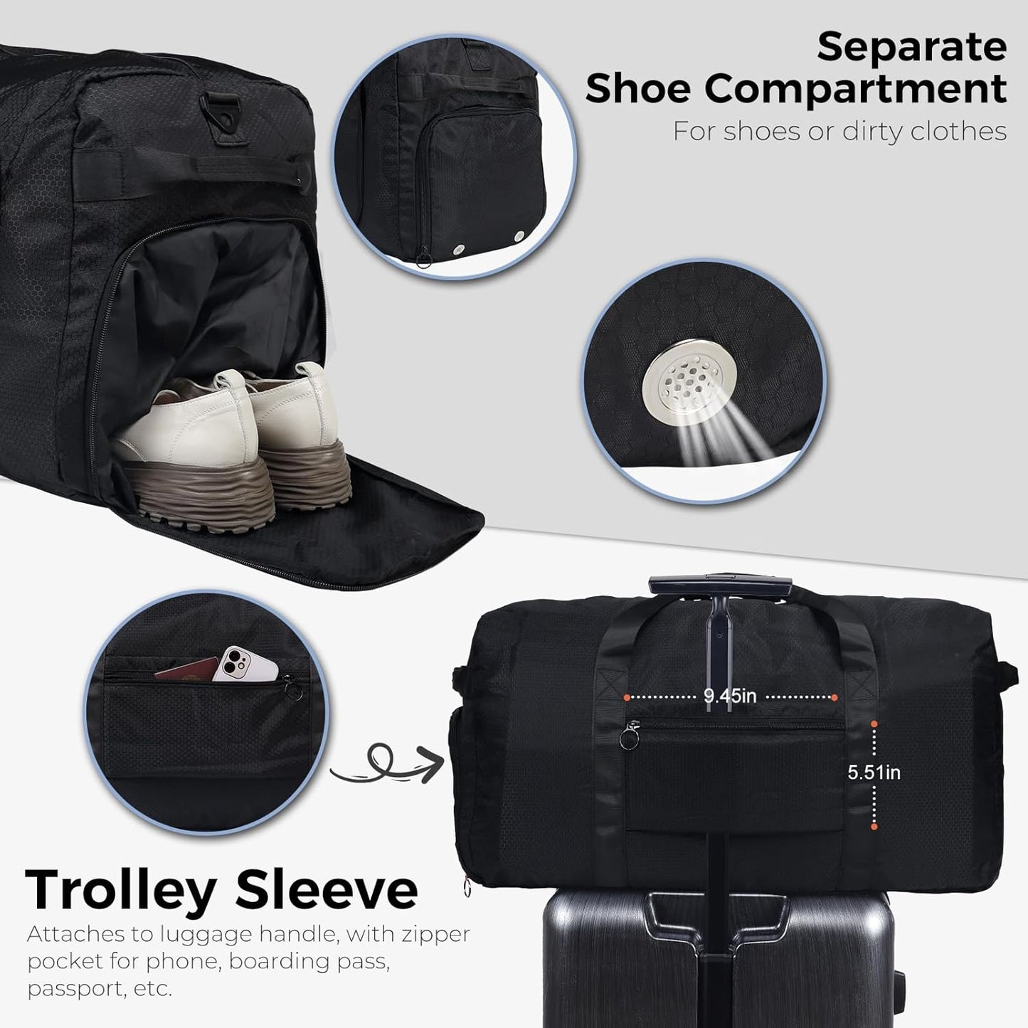 65L Duffle Bag Foldable Travel Duffel Bags for Men Women Travel Bag | Shoes Compartment, 65L Large Capacity, Foldable, Packable, Water Repellent, Tear Resistant, for Traveling Gym Overnight Camp