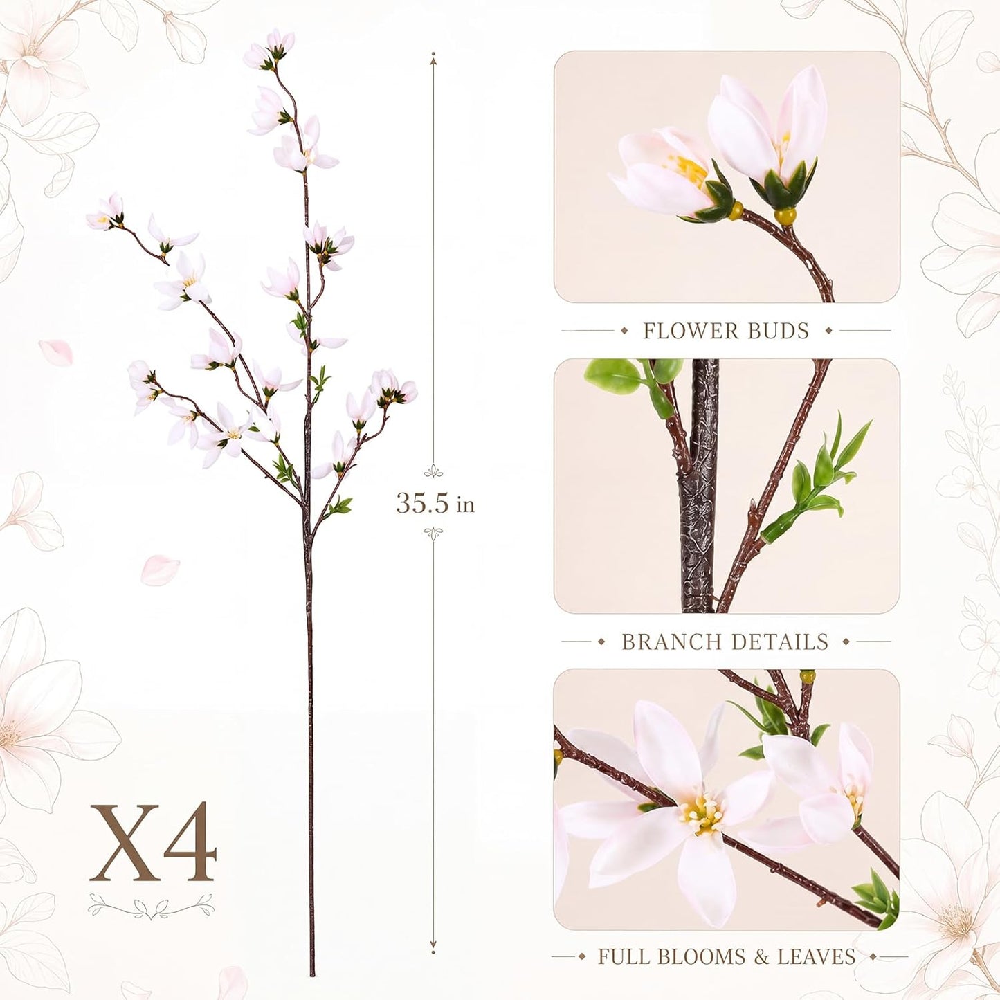 Riceshoot 4 Pcs Artificial Magnolia Flower Stems 35 Inch Faux Fake Realistic Long Magnolia Branches for Vase Home Decor Indoor Wedding Table Centerpiece Farmhouse Floral Arrangement Dining Room(White)
