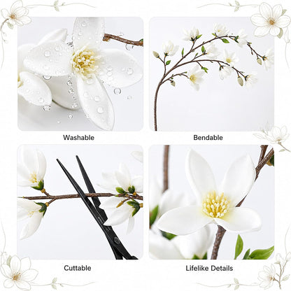 Riceshoot 4 Pcs Artificial Magnolia Flower Stems 35 Inch Faux Fake Realistic Long Magnolia Branches for Vase Home Decor Indoor Wedding Table Centerpiece Farmhouse Floral Arrangement Dining Room(White)