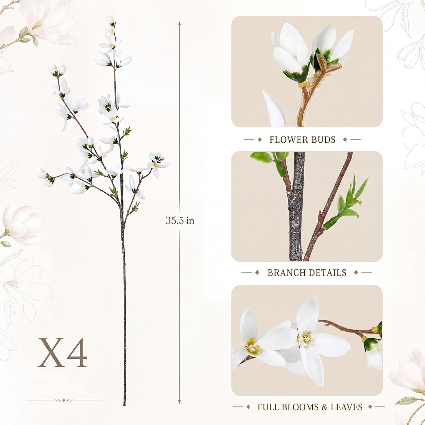 Riceshoot 4 Pcs Artificial Magnolia Flower Stems 35 Inch Faux Fake Realistic Long Magnolia Branches for Vase Home Decor Indoor Wedding Table Centerpiece Farmhouse Floral Arrangement Dining Room(White)