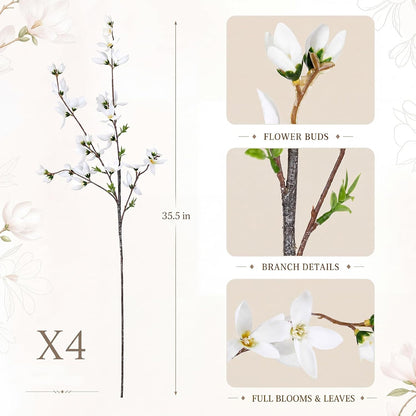 Riceshoot 4 Pcs Artificial Magnolia Flower Stems 35 Inch Faux Fake Realistic Long Magnolia Branches for Vase Home Decor Indoor Wedding Table Centerpiece Farmhouse Floral Arrangement Dining Room(White)