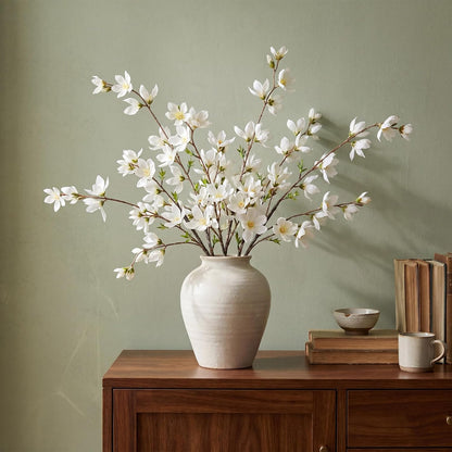 Riceshoot 4 Pcs Artificial Magnolia Flower Stems 35 Inch Faux Fake Realistic Long Magnolia Branches for Vase Home Decor Indoor Wedding Table Centerpiece Farmhouse Floral Arrangement Dining Room(White)