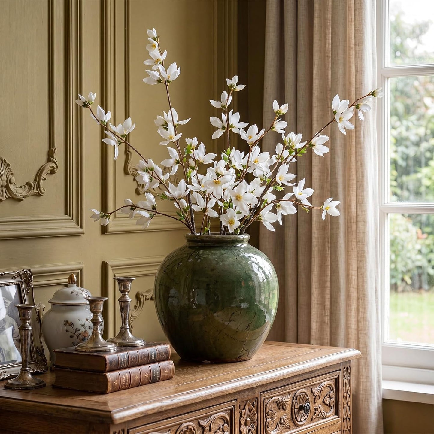 Riceshoot 4 Pcs Artificial Magnolia Flower Stems 35 Inch Faux Fake Realistic Long Magnolia Branches for Vase Home Decor Indoor Wedding Table Centerpiece Farmhouse Floral Arrangement Dining Room(White)