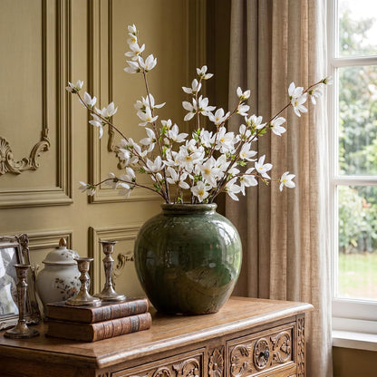 Riceshoot 4 Pcs Artificial Magnolia Flower Stems 35 Inch Faux Fake Realistic Long Magnolia Branches for Vase Home Decor Indoor Wedding Table Centerpiece Farmhouse Floral Arrangement Dining Room(White)
