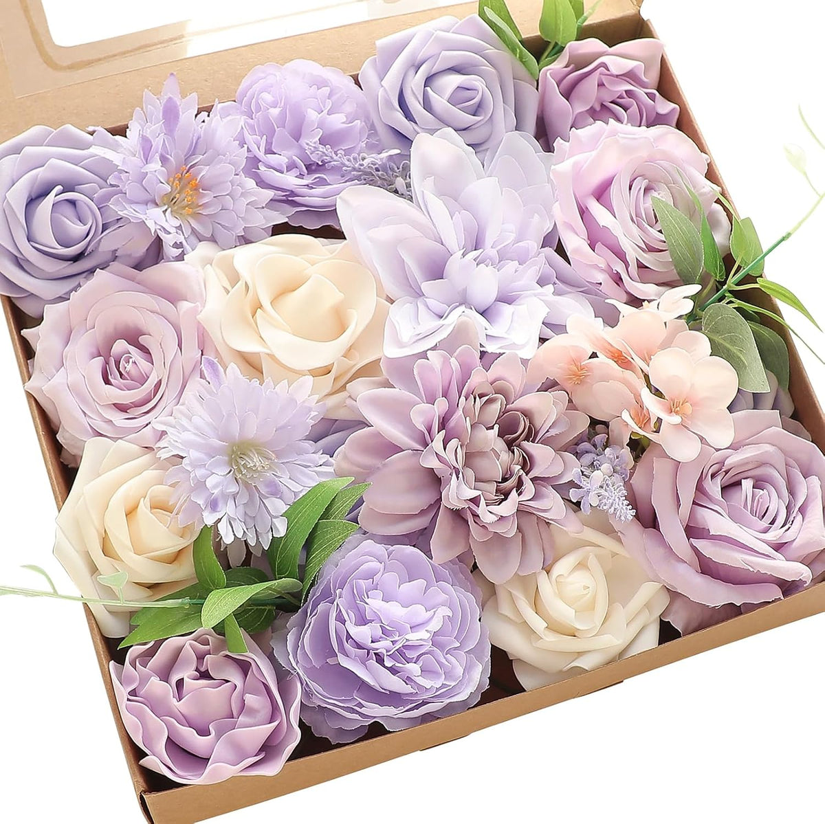 Lavender Violet Lilac Artificial Flowers Fake Roses Peonies Dahlias Greenery Combo Box Set for DIY Purple Wedding Bouquets Bridal Shower Centerpieces Floral Arrangements Party Table Decoration