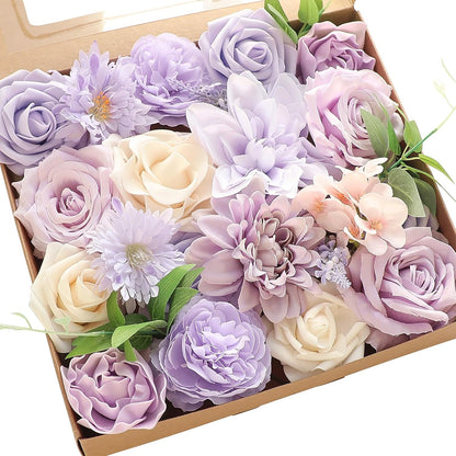 Lavender Violet Lilac Artificial Flowers Fake Roses Peonies Dahlias Greenery Combo Box Set for DIY Purple Wedding Bouquets Bridal Shower Centerpieces Floral Arrangements Party Table Decoration