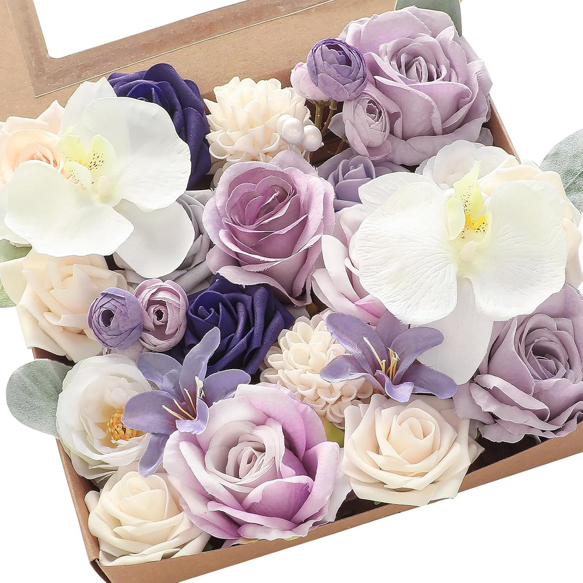Lavender Violet Lilac Artificial Flowers Fake Roses Peonies Dahlias Greenery Combo Box Set for DIY Purple Wedding Bouquets Bridal Shower Centerpieces Floral Arrangements Party Table Decoration
