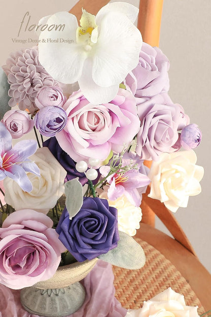 Lavender Violet Lilac Artificial Flowers Fake Roses Peonies Dahlias Greenery Combo Box Set for DIY Purple Wedding Bouquets Bridal Shower Centerpieces Floral Arrangements Party Table Decoration