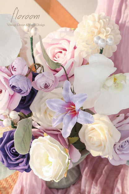 Lavender Violet Lilac Artificial Flowers Fake Roses Peonies Dahlias Greenery Combo Box Set for DIY Purple Wedding Bouquets Bridal Shower Centerpieces Floral Arrangements Party Table Decoration