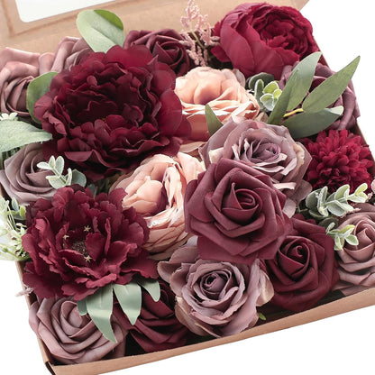 Lavender Violet Lilac Artificial Flowers Fake Roses Peonies Dahlias Greenery Combo Box Set for DIY Purple Wedding Bouquets Bridal Shower Centerpieces Floral Arrangements Party Table Decoration
