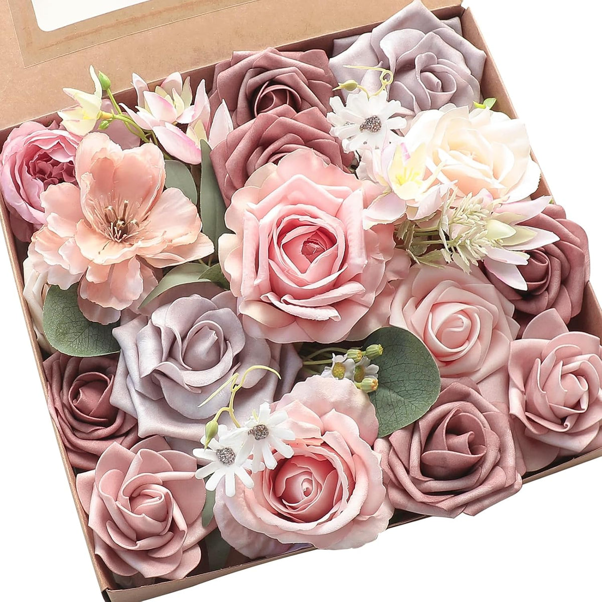 Lavender Violet Lilac Artificial Flowers Fake Roses Peonies Dahlias Greenery Combo Box Set for DIY Purple Wedding Bouquets Bridal Shower Centerpieces Floral Arrangements Party Table Decoration