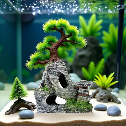 Resin Aquarium Mountain Decor with Moss Rock Cave - Multi-Level Terrain for Fish Tank Landscaping, Natural-Looking Rockery Design with Hidden Cave and Crevices for Shrimp, Reptile Habitat Aquascaping