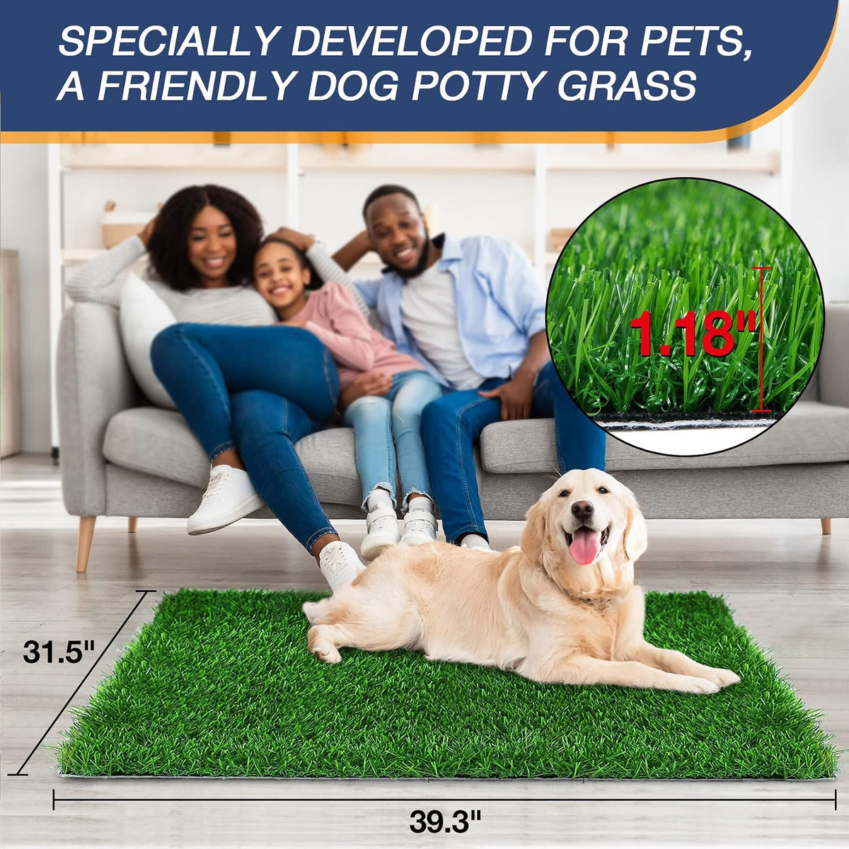 GLOBREEN Dogs Grass Pee Pad for Puppy Potty Training, Pet Friendly Artificial Grass Turf Mat Outdoor Indoor Use, High Drainage, 39.3" x 31.5"