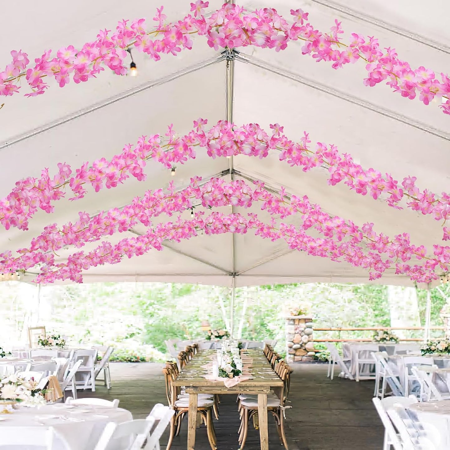 2 Pcs Artificial Cherry Blossom Flower Vines Cherry Blossom Garland 18.48 ft Hanging Silk Flowers Vines Fake Flower Garland Outdoors for Home Wedding Garden Party Arch Office Decor Pink