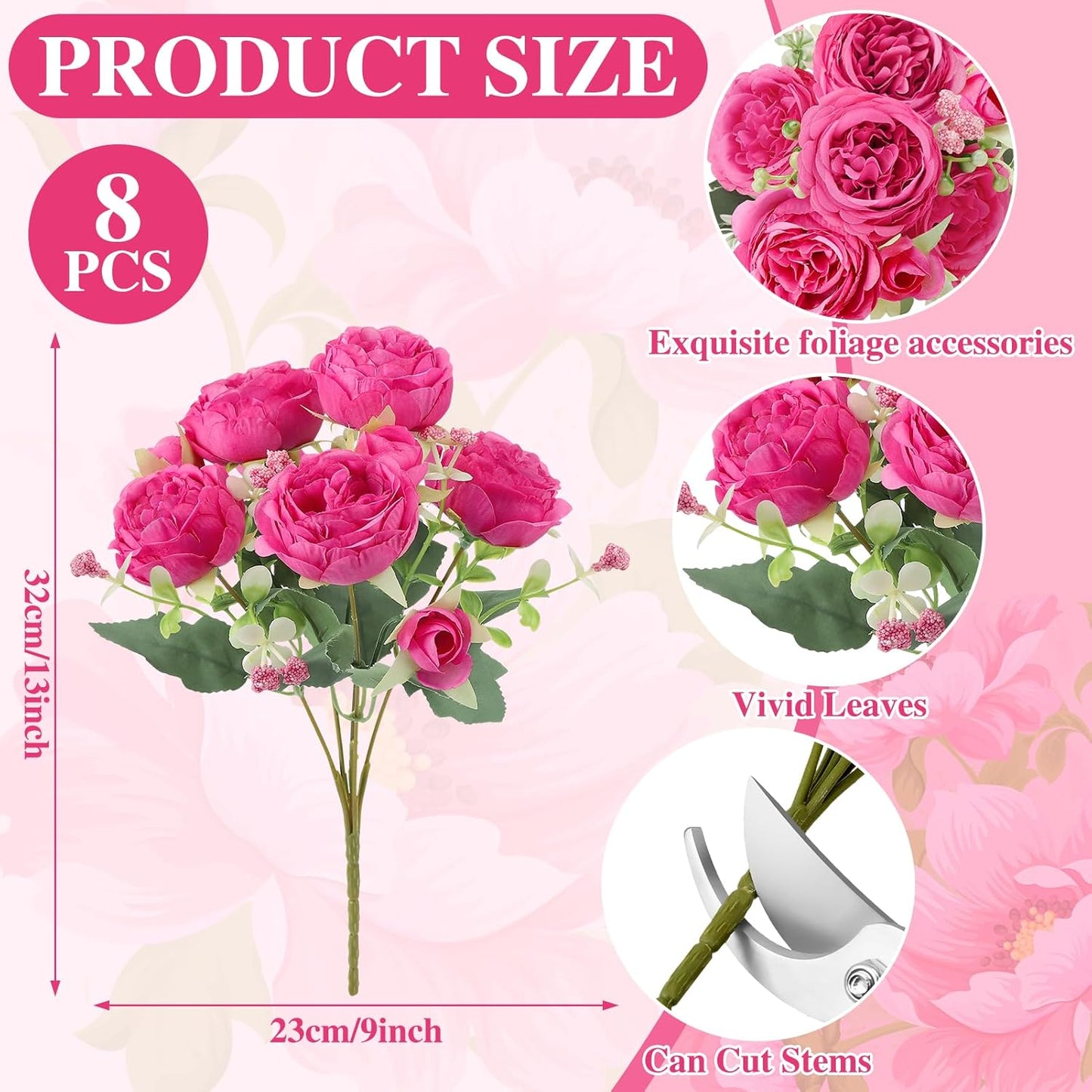 8 Pack Pink, Purple Peonies Artificial Flowers | Fake Silk Hydrangea Bouquet for Bridal Wedding Home Table Decor Reusable Dining Opening Ceremony Birthday Arrangement