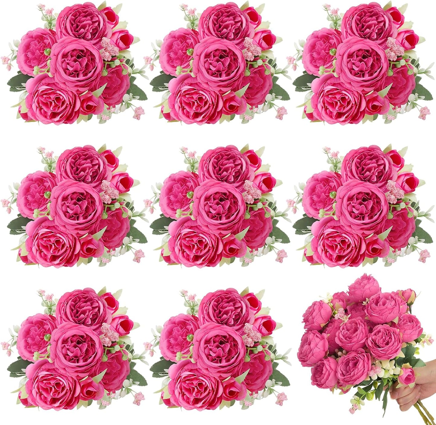 8 Pack Pink, Purple Peonies Artificial Flowers | Fake Silk Hydrangea Bouquet for Bridal Wedding Home Table Decor Reusable Dining Opening Ceremony Birthday Arrangement