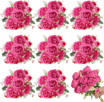 8 Pack Pink, Purple Peonies Artificial Flowers | Fake Silk Hydrangea Bouquet for Bridal Wedding Home Table Decor Reusable Dining Opening Ceremony Birthday Arrangement