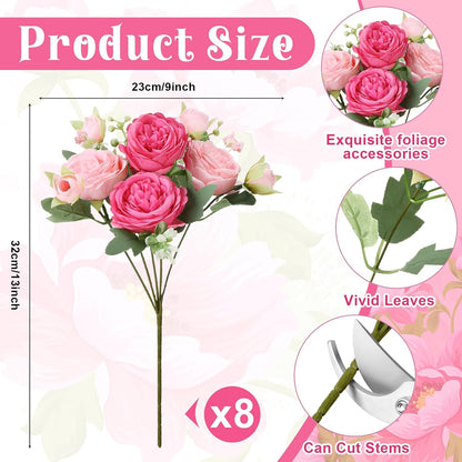 8 Pack Pink, Purple Peonies Artificial Flowers | Fake Silk Hydrangea Bouquet for Bridal Wedding Home Table Decor Reusable Dining Opening Ceremony Birthday Arrangement
