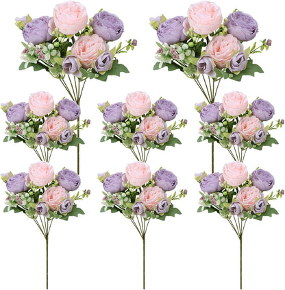 8 Pack Pink, Purple Peonies Artificial Flowers | Fake Silk Hydrangea Bouquet for Bridal Wedding Home Table Decor Reusable Dining Opening Ceremony Birthday Arrangement