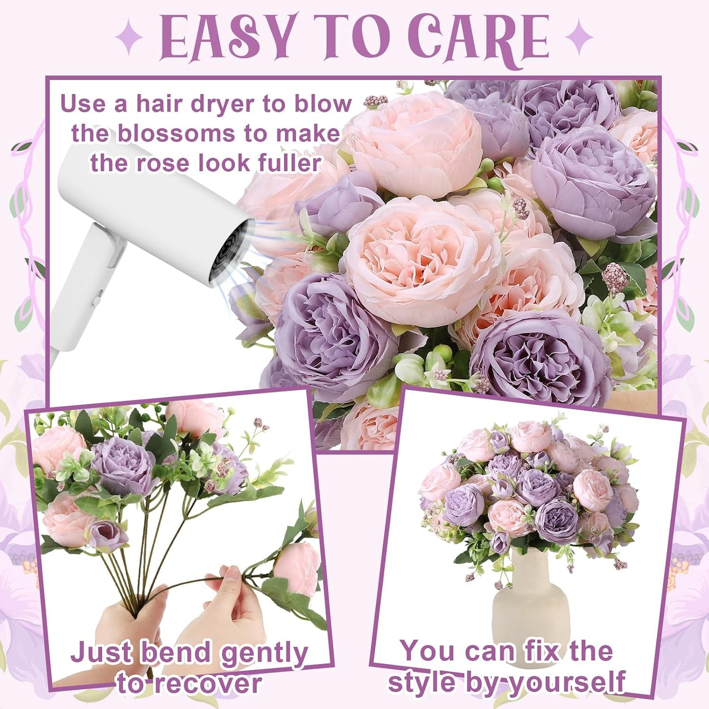8 Pack Pink, Purple Peonies Artificial Flowers | Fake Silk Hydrangea Bouquet for Bridal Wedding Home Table Decor Reusable Dining Opening Ceremony Birthday Arrangement