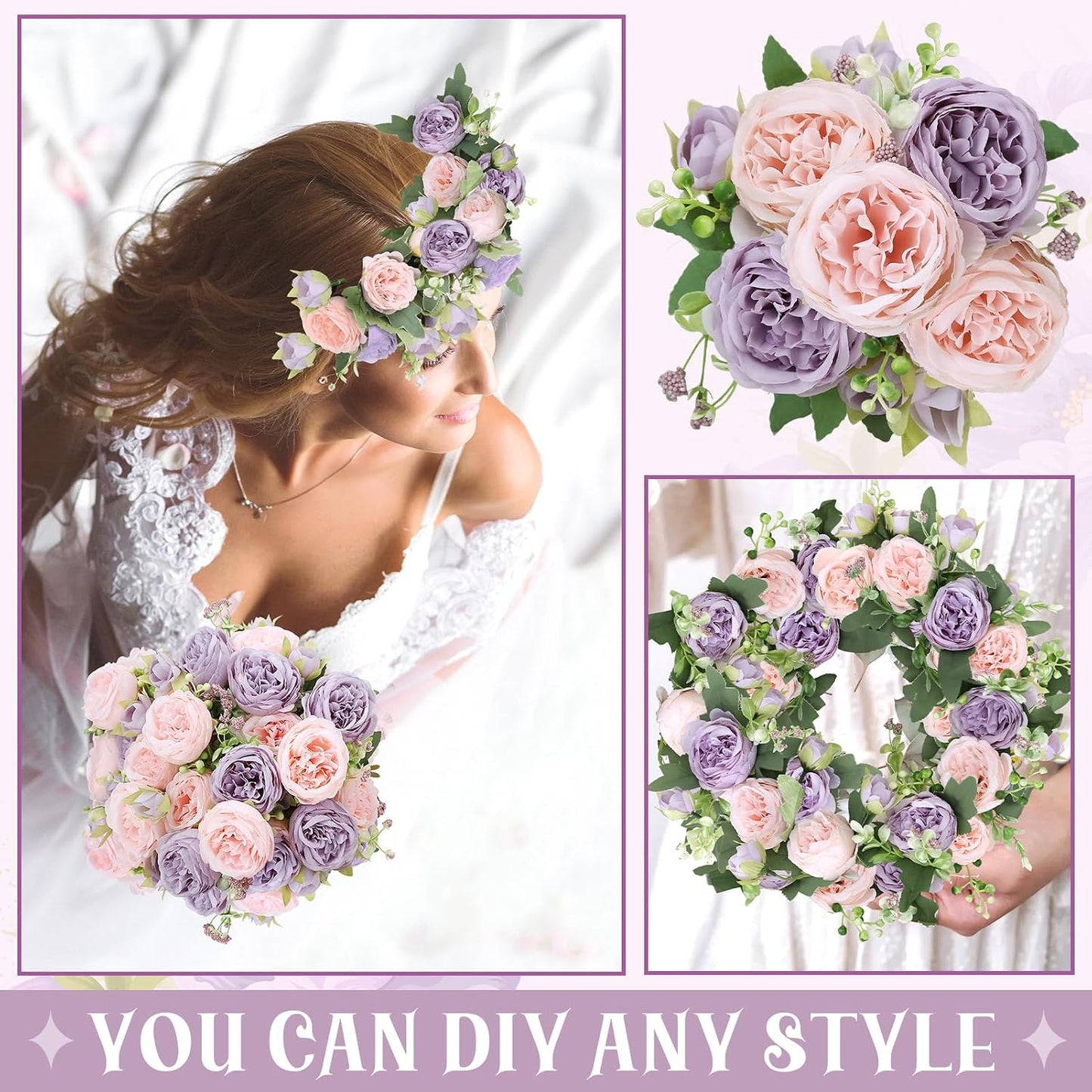 8 Pack Pink, Purple Peonies Artificial Flowers | Fake Silk Hydrangea Bouquet for Bridal Wedding Home Table Decor Reusable Dining Opening Ceremony Birthday Arrangement