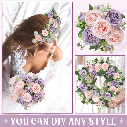 8 Pack Pink, Purple Peonies Artificial Flowers | Fake Silk Hydrangea Bouquet for Bridal Wedding Home Table Decor Reusable Dining Opening Ceremony Birthday Arrangement