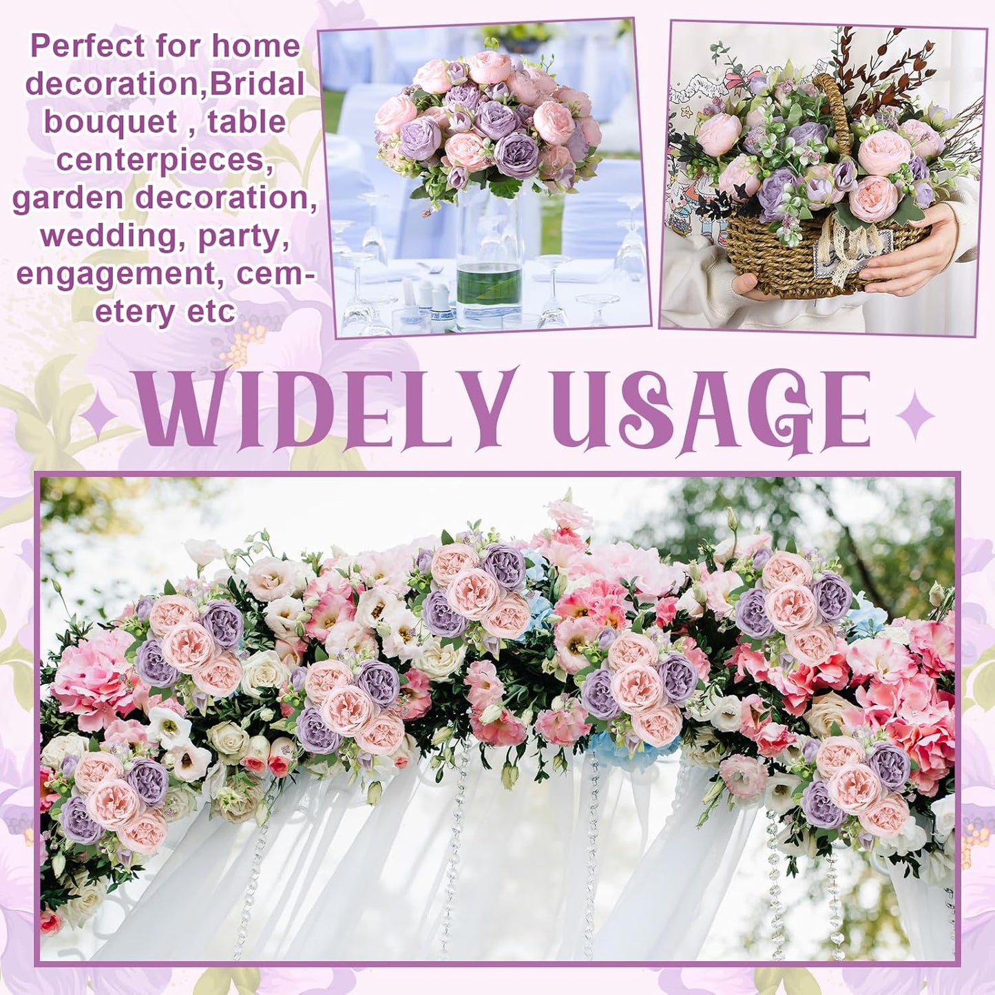 8 Pack Pink, Purple Peonies Artificial Flowers | Fake Silk Hydrangea Bouquet for Bridal Wedding Home Table Decor Reusable Dining Opening Ceremony Birthday Arrangement