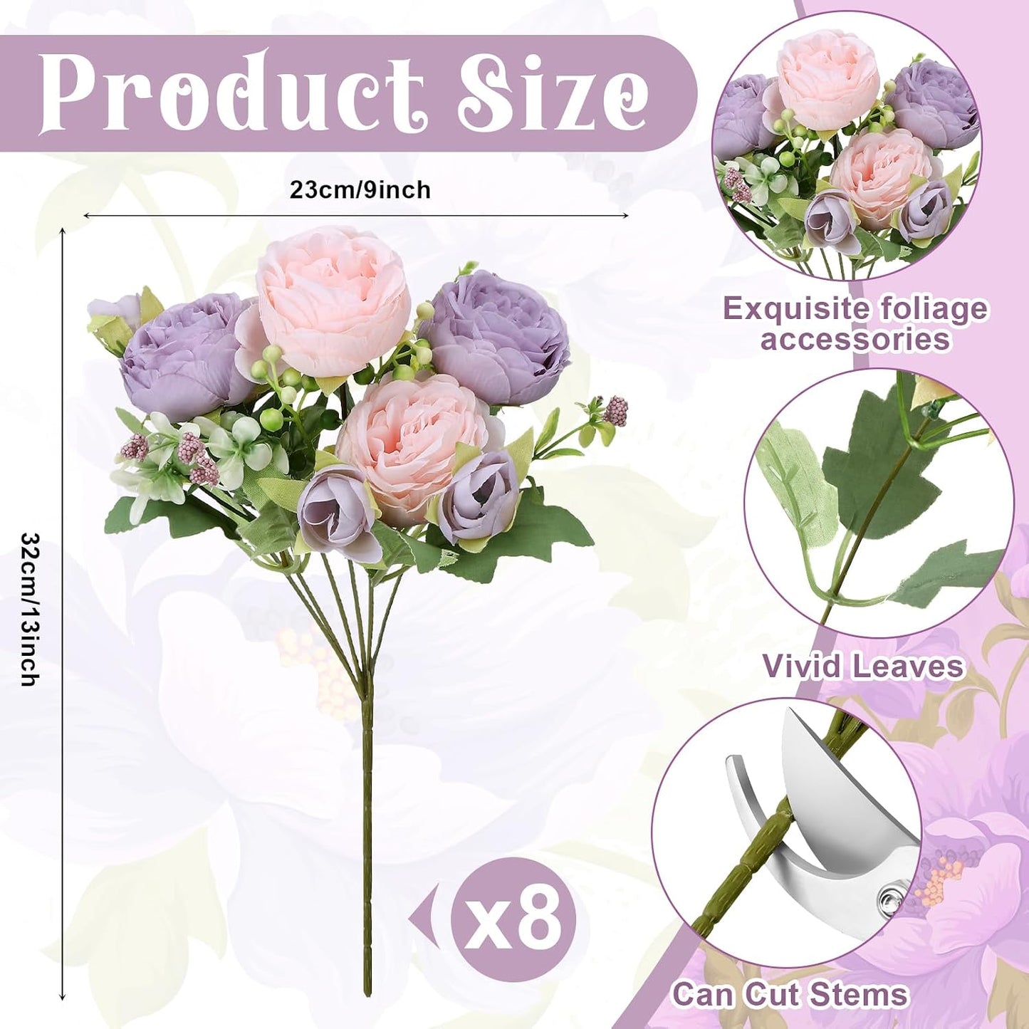 8 Pack Pink, Purple Peonies Artificial Flowers | Fake Silk Hydrangea Bouquet for Bridal Wedding Home Table Decor Reusable Dining Opening Ceremony Birthday Arrangement