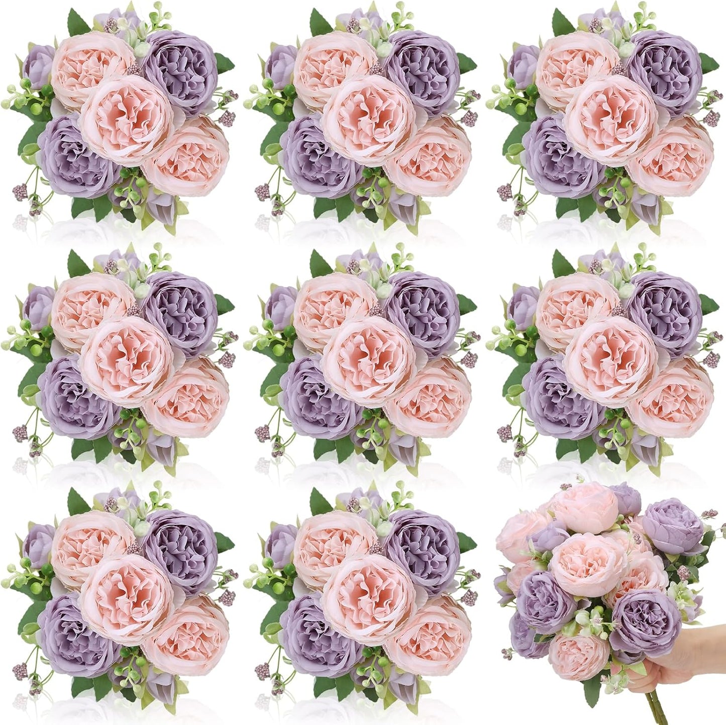 8 Pack Pink, Purple Peonies Artificial Flowers | Fake Silk Hydrangea Bouquet for Bridal Wedding Home Table Decor Reusable Dining Opening Ceremony Birthday Arrangement