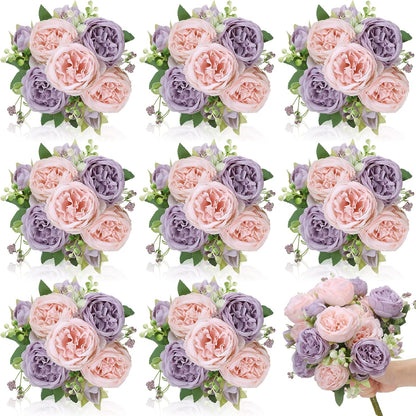 8 Pack Pink, Purple Peonies Artificial Flowers | Fake Silk Hydrangea Bouquet for Bridal Wedding Home Table Decor Reusable Dining Opening Ceremony Birthday Arrangement
