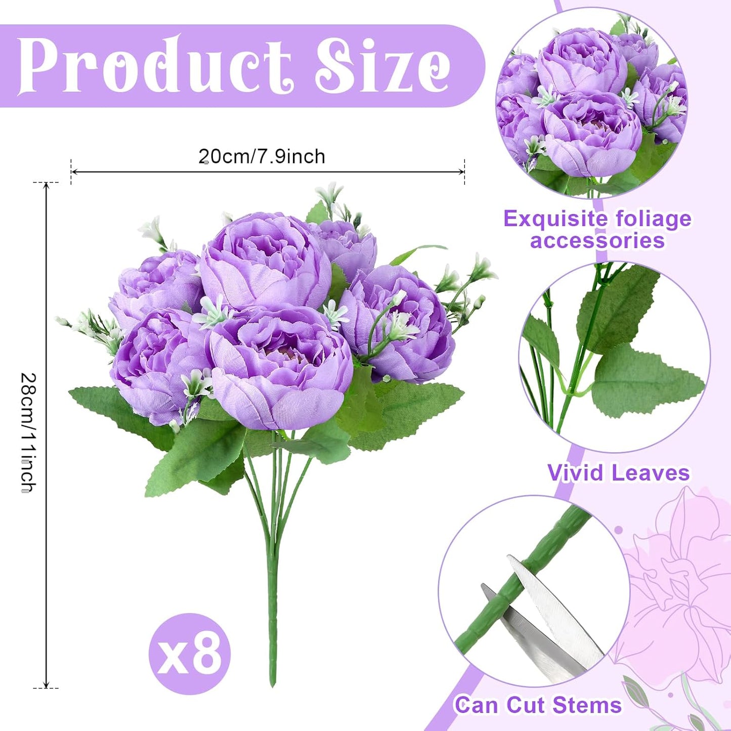8 Pack Pink, Purple Peonies Artificial Flowers | Fake Silk Hydrangea Bouquet for Bridal Wedding Home Table Decor Reusable Dining Opening Ceremony Birthday Arrangement